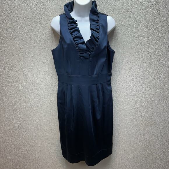 Just Taylor Dress 10 RUFFLE NECK Black SATIN SHEATH Pencil LDB Evening Cocktail - Picture 2 of 13